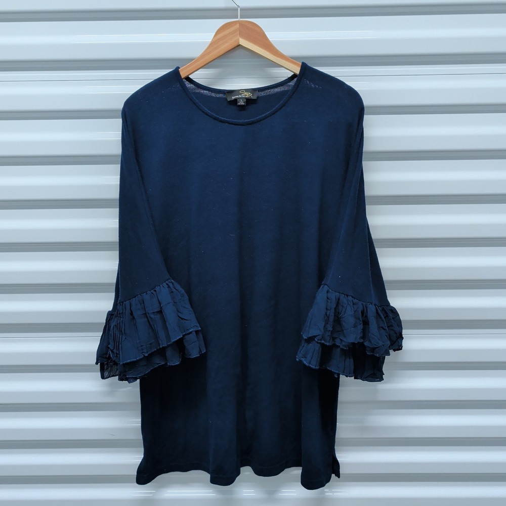 Suzanne‎ Betro Womens Tunic Top L Navy Blue Rayon Blend Ruffle Bell Sleeve Boho
